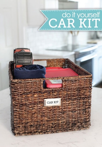 Wicker basket filled with essential car items