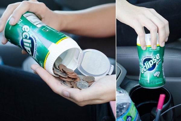 Spare change inside a gum container