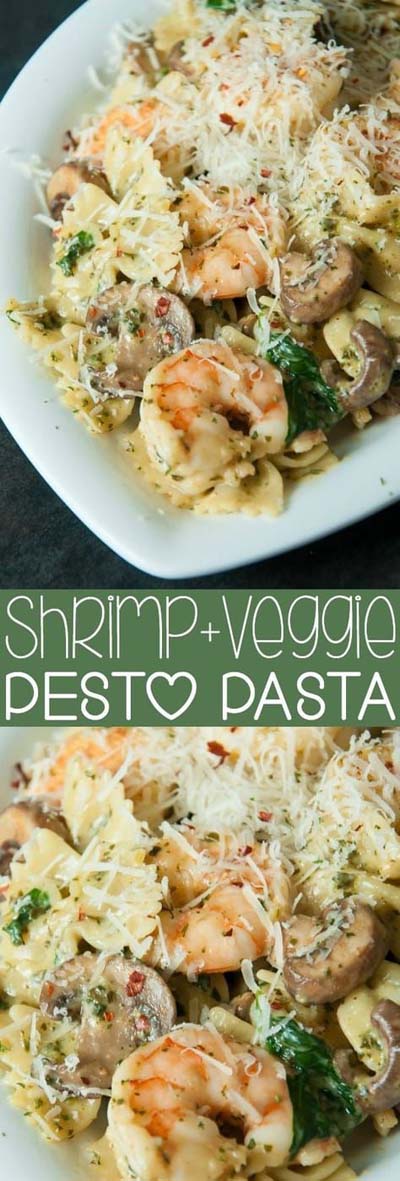 25 Pasta Recipes: Shrimp Pesto Pasta With Spinach And Mushrooms