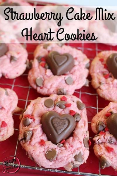 45 Valentines Desserts: Strawberry Chocolate Chip Heart Cookies