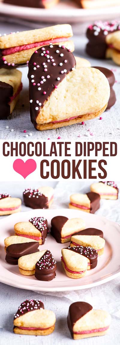 45 Valentines Desserts: Valentine’s Chocolate-Dipped Heart Cookies