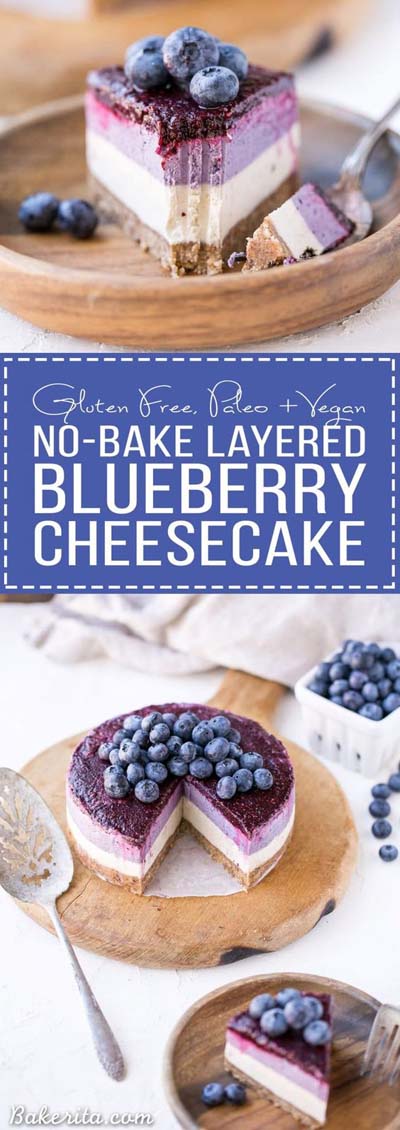 20 Vegan Cake Recipes: No-Bake Layered Blueberry Cheesecake