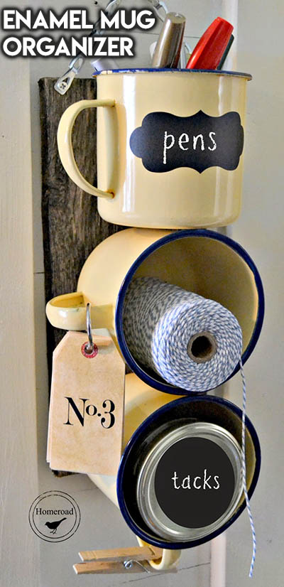 10 Dollar Store Farmhouse Decor Ideas: Enamel Mug Organizer