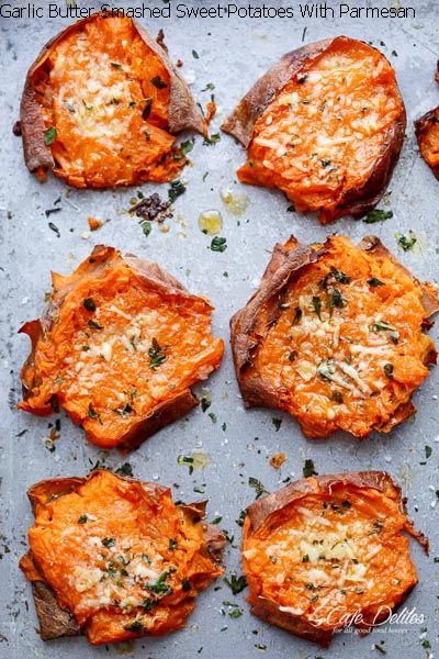 Garlic Butter Smashed Sweet Potatoes With Parmesan